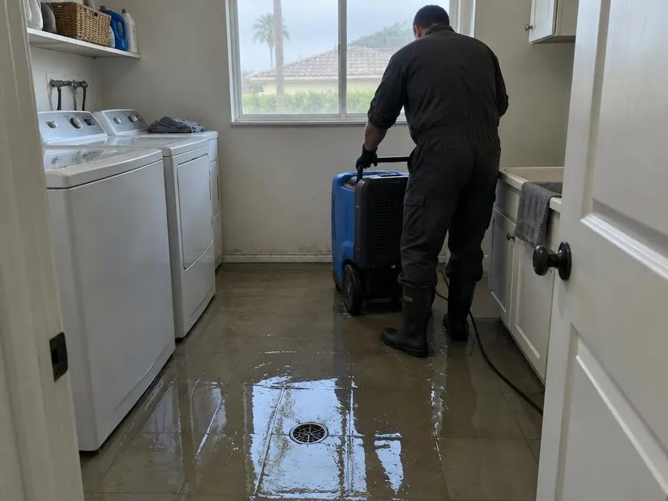 Generated illustration of a technician in boots and gloves setting up a dehumidifier in a laundry room with murky water on the floor