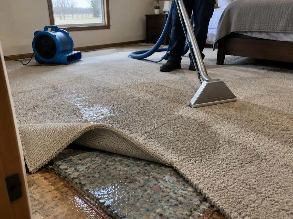 Generated illustration of wet carpet pulled back to show soaked padding while an extraction wand is used